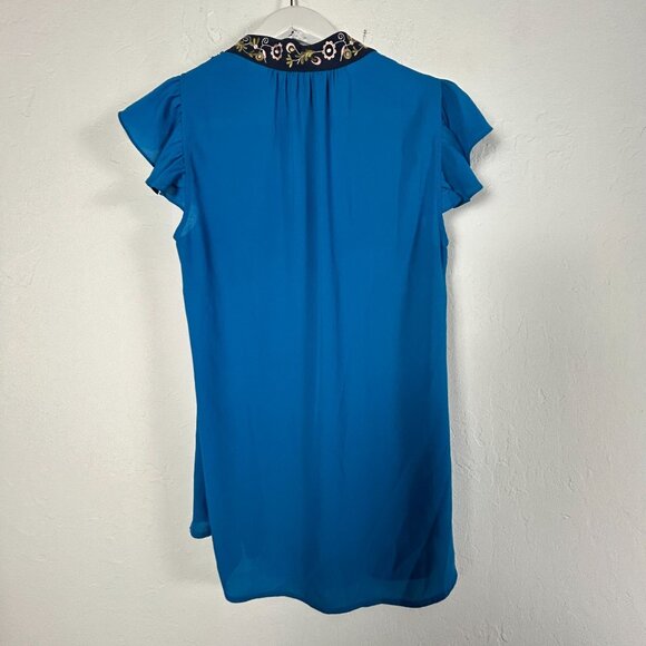 Anthropologie HD In Paris Womens Flutter Sleeve Embroidered Collar Blue Top 6 - Picture 2 of 7